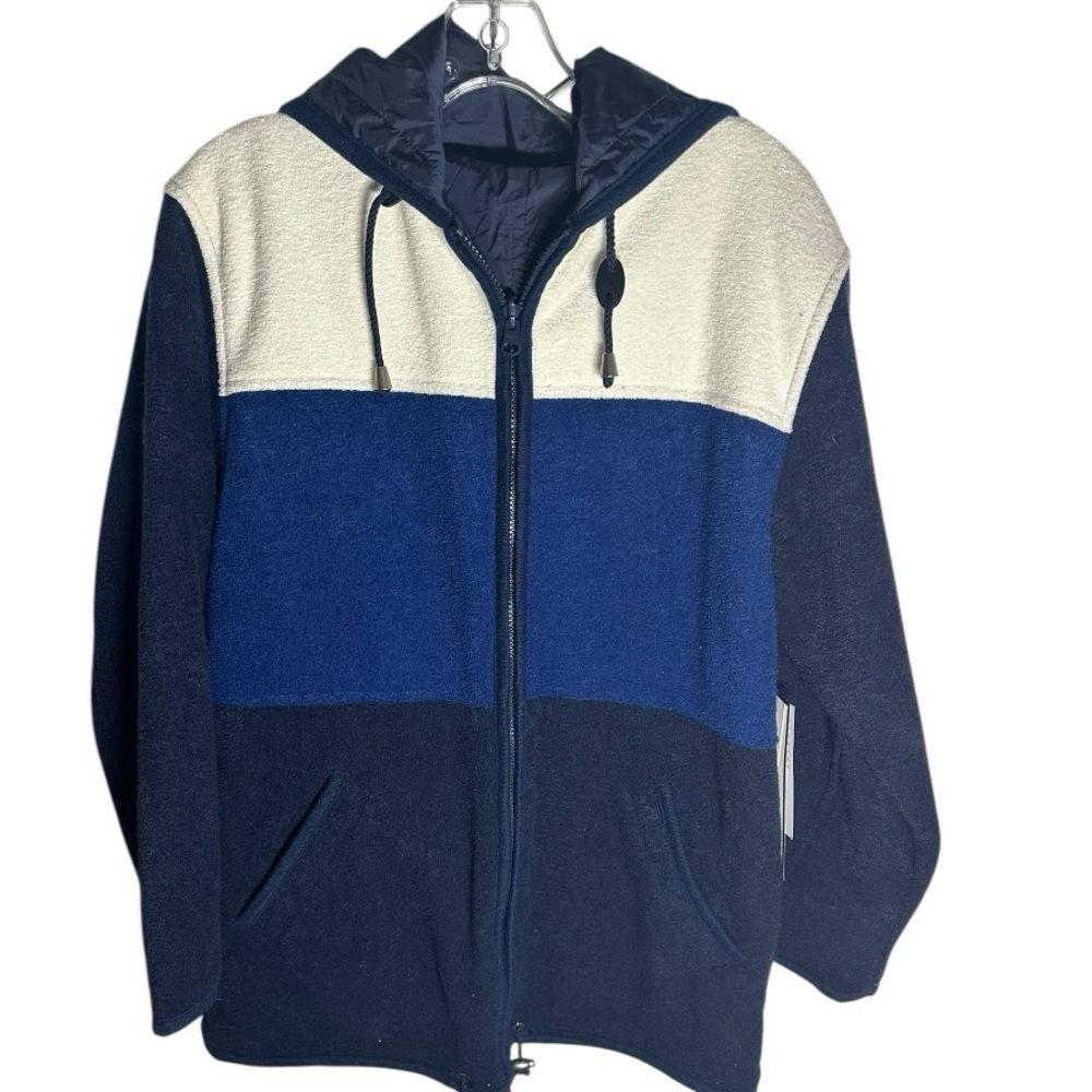 Women’s size small reversible waterproof Blue and Cream Hooded Sweater jacket.